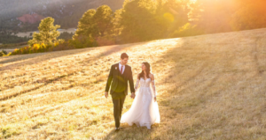Bride In Boho Wedding Dress Called Stevie In Detachable Bridal Sleeves With Groom