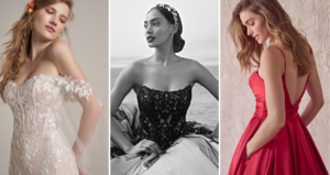 Brides In Colorful Wedding Dresses Called Lily By Rebecca Ingram, Norvinia by Sottero and Midgley, And Scarlet By Maggie Sottero