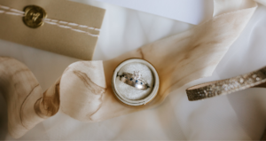 Engagement Ring Placed With Ribbon And Invitation