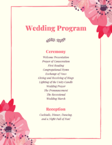 Pink wedding program with flower design