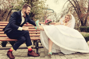 A bride and groom sitting together