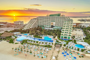 Aerial shot of resort with lagoon views during sunset