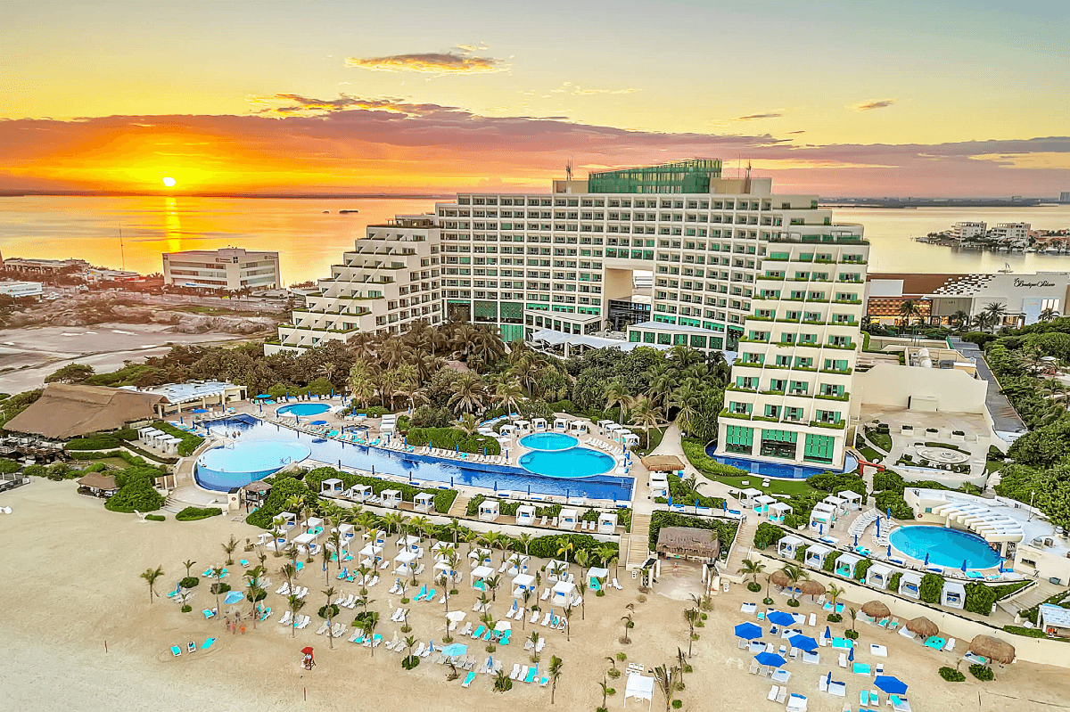 Aerial shot of resort with lagoon views during sunset