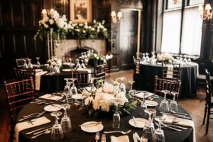 Dramatic Black & White Mansions on Fifth Wedding. For more micro wedding ideas, visit burghbrides.com!